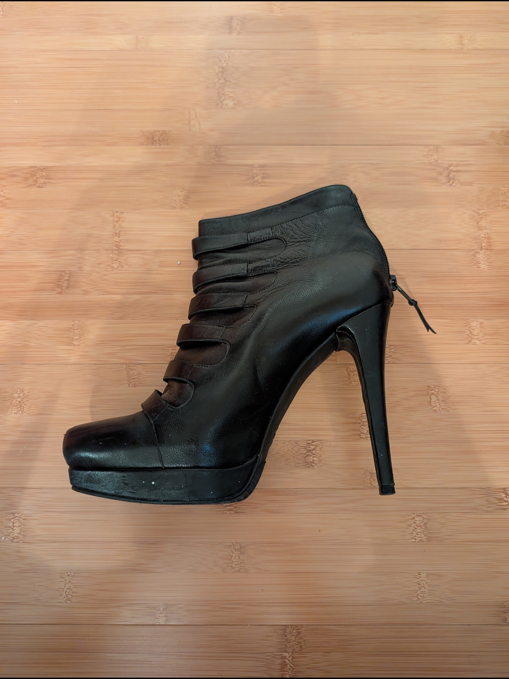Stuart Weitzman Black Buckled Leather High-Heel Ankle Bootie - Picture 4 of 10